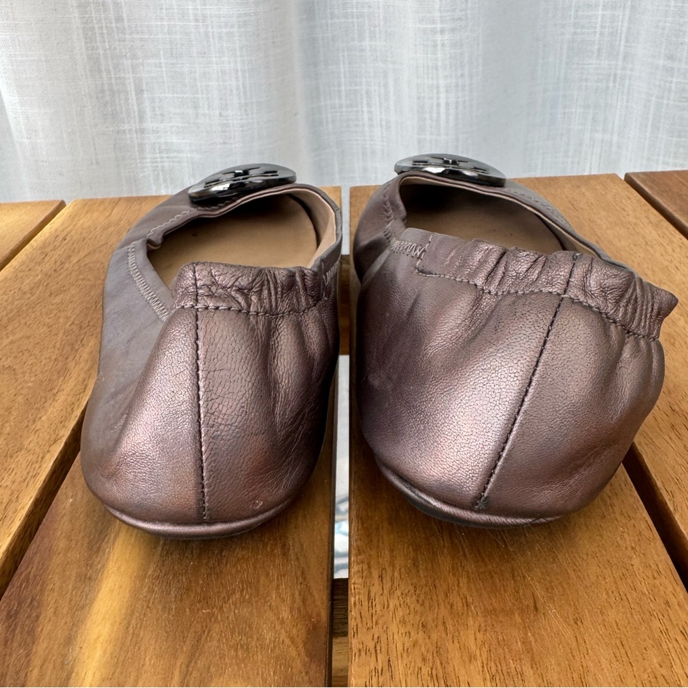 Tory Burch Minnie Travel Ballet Flats Gunmetal Gray Metallic Leather 7.5 - Picture 7 of 10